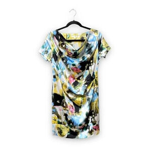 PAULE KA 100% Silk Multicolor Tie Dye Cowl Neck Short Sleeve Mini Dress Size 34